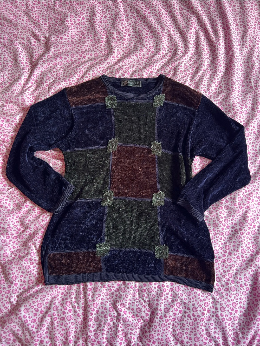 Vintage Patchwork Chenille Sweater in Navy, Green & Brown